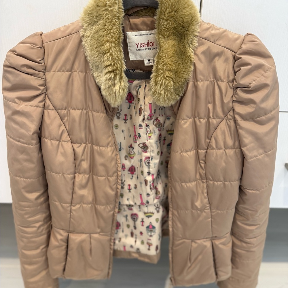 Women's Tan Puffer Jacket with Faux Fur Collar